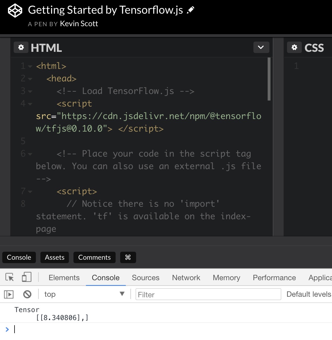 Codepen implementation of Getting Started from Tensorflow.js